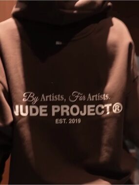 NUDE PROJECT® Brown Logo Hoodie — White Text Graphic